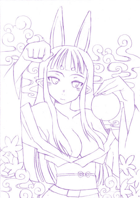 1girl animal_ears bangs bare_shoulders blunt_bangs breasts censored cleavage convenient_censoring facial_mark fox_ears hair_over_breasts hasaha japanese_clothes kimono kusanagi_tonbo lineart long_hair monochrome monster_girl open_clothes original pointy_ears rabbit_ears sketch solo summon_night summon_night_2 undressing