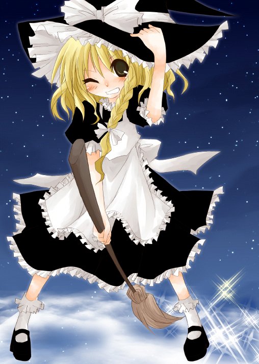 1girl blonde_hair braid broom female flying gyunbrain hat kirisame_marisa mary_janes shoes solo the_embodiment_of_scarlet_devil touhou wink witch witch_hat