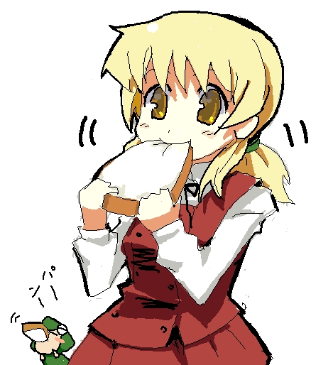 1girl blonde_hair bread eating food hidamari_sketch miyako oekaki pfalz simple_background toast twintails ume-sensei