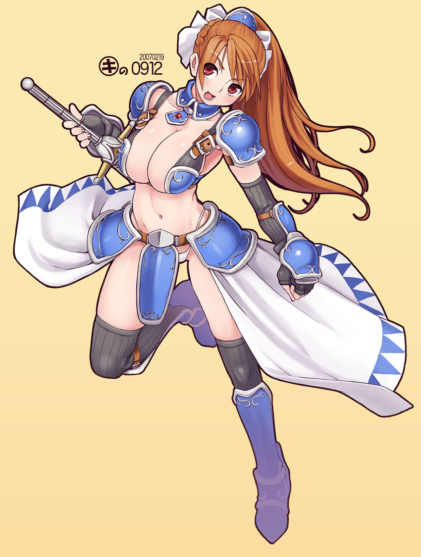 1girl armor boots breasts brown_hair cleavage elbow_gloves female gloves huge_breasts kei_jiei red_eyes simple_background solo sword thigh-highs weapon