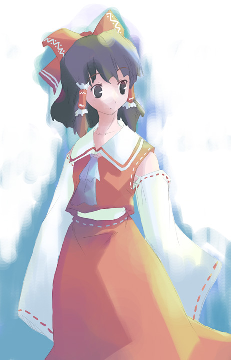 1girl ascot black_eyes black_hair bow closed_mouth collarbone detached_sleeves female hair_bow hair_tubes hakurei_reimu japanese_clothes long_skirt miko red_bow red_ribbon red_skirt ribbon ribbon-trimmed_sleeves ribbon_trim sidelocks skirt skirt_set sleeves_past_wrists solo standing subterranean_animism takanashi_akihito touhou vest