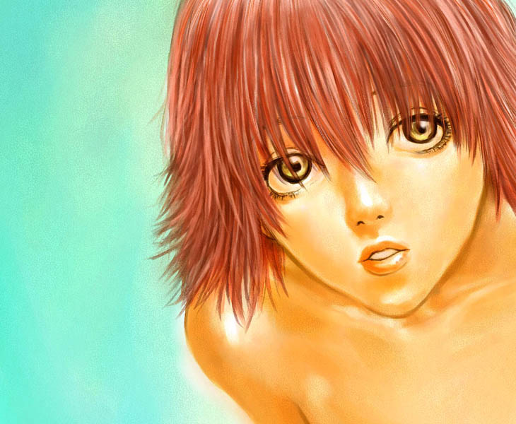 00s 1girl close-up flcl haruhara_haruko nekoi_mie nude orange_hair portrait topless yellow_eyes