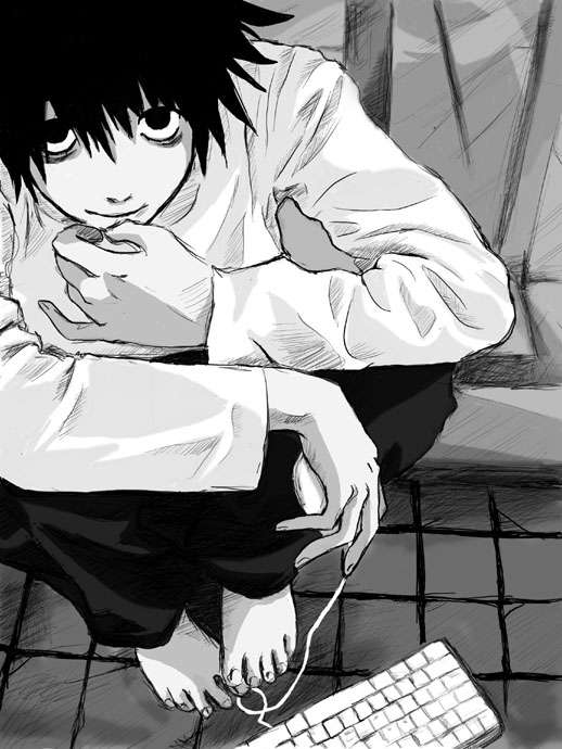 1boy bags_under_eyes black_eyes black_hair computer computer_mouse death_note keyboard l_(death_note) male_focus monochrome short_hair smile solo squatting toes