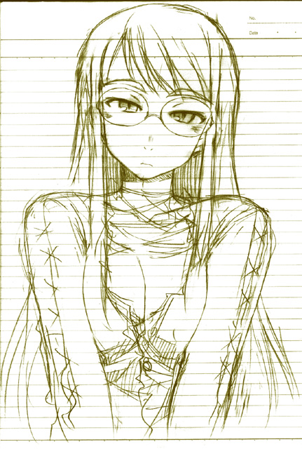 1girl glasses kusanagi_tonbo monochrome original sketch solo yellow