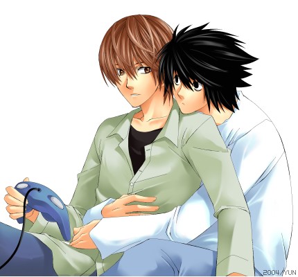 2boys bags_under_eyes death_note game_console gamecube hug hug_from_behind l_(death_note) lowres male_focus multiple_boys video_game yagami_light yaoi