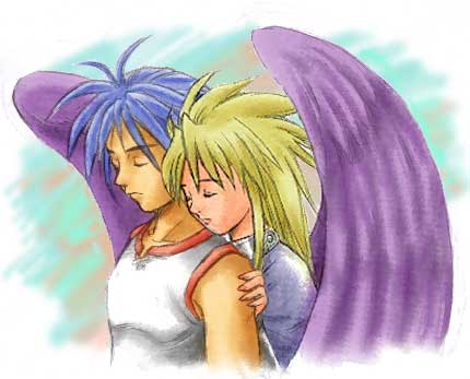 1boy 1girl angel_wings black_wings blonde_hair blue_hair breath_of_fire breath_of_fire_ii couple hetero hug hug_from_behind lowres nina_(breath_of_fire_ii) ryuu_(breath_of_fire_ii) wings