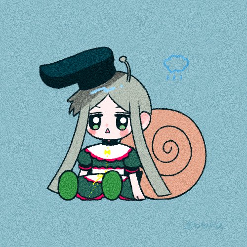 1girl antennae apron blush chibi dotaku92 dress frills green_dress green_eyes green_hair hat lowres open_mouth short_hair short_hair_with_long_locks simple_background sitting snail_girl snail_shell tate_eboshi teireida_mai touhou triangle_mouth waist_apron