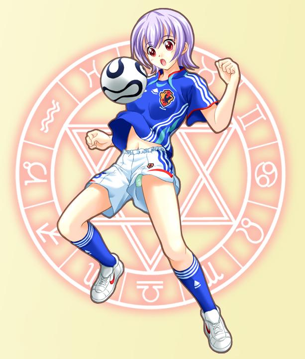 1girl aquarius aquarius_symbol aries_symbol ball blush cancer_symbol capricorn_symbol circle clenched_hand exif_thumbnail_surprise footwear gemini_symbol green_panties izumi_ako japan legs magic_circle mahou_sensei_negima! navel nike open_mouth panties pantyshot pink_eyes pisces pisces_symbol purple_hair sagittarius_symbol scorpio_symbol shoes short_hair shorts sneakers soccer soccer_ball socks solo sport sportswear taurus_symbol underwear upshorts virgo_symbol zodiac