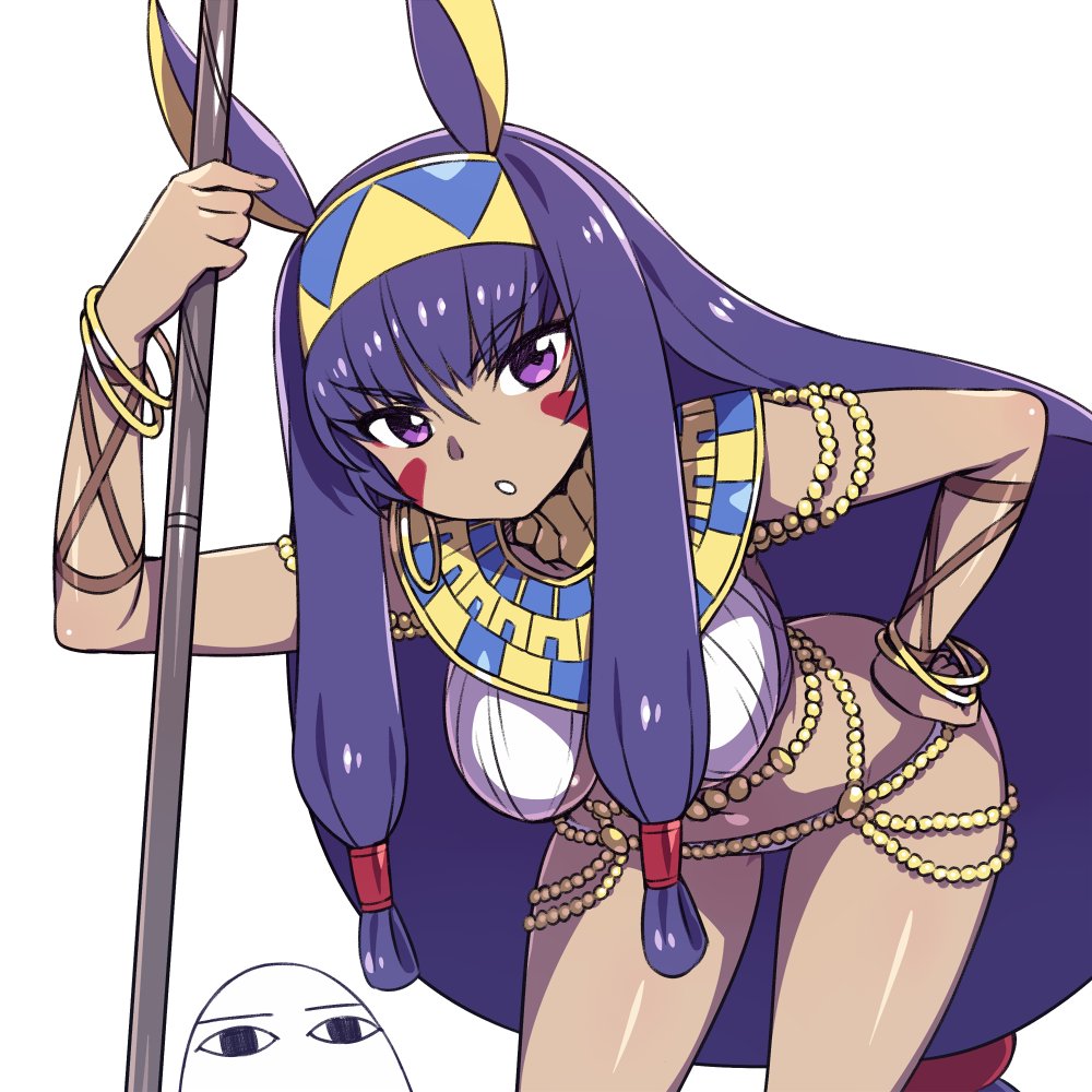 1girl bangs bent_over blunt_bangs bracelet chan_co dark_skin earrings fate/grand_order fate_(series) hand_on_hip holding jackal_ears jewelry long_hair looking_at_viewer medjed nitocris_(fate/grand_order) purple_hair sidelocks simple_background staff violet_eyes white_background