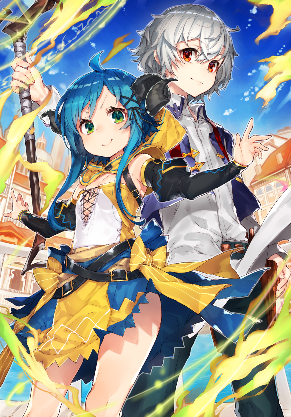 &gt;:) 1boy 1girl abel_berek ahoge albino blue_hair blue_sky breasts building clouds cover cover_page day detached_sleeves fire green_eyes hair_between_eyes hair_ornament highres holding holding_staff hood horns long_hair looking_at_viewer magic mare_(juzoku_tensei) mika_pika_zo novel_cover official_art outdoors outstretched_arms red_eyes saikyou_juzoku_tensei_~cheat_majutsushi_no_slow_life~ short_hair sky small_breasts smile staff standing white_hair x_hair_ornament