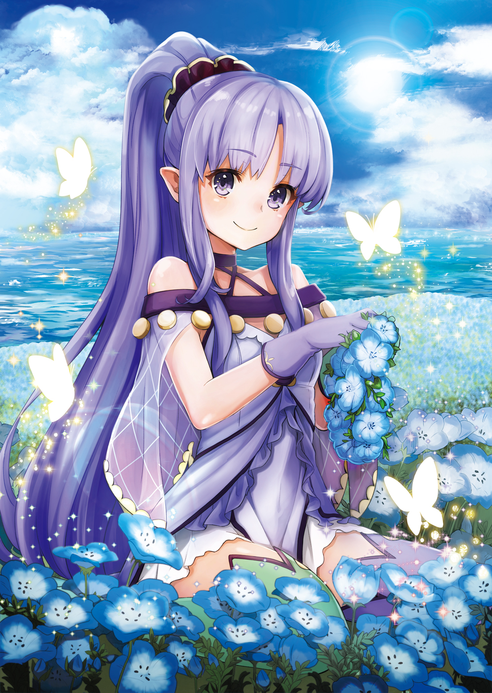 1girl bare_shoulders blue_sky blush butterfly caster caster_lily choker clouds cloudy_sky day dress eyebrows_visible_through_hair fate/grand_order fate_(series) field flower flower_field gloves glowing glowing_butterfly green_gloves green_legwear hair_ornament highres hilo_(joy_hero) holding holding_flower horizon lens_flare long_hair looking_at_viewer mismatched_gloves mismatched_legwear morning_glory ocean outdoors pointy_ears ponytail purple_dress purple_gloves purple_hair purple_legwear sidelocks sitting sky sleeveless sleeveless_dress smile solo sparkle sun thigh-highs violet_eyes wariza