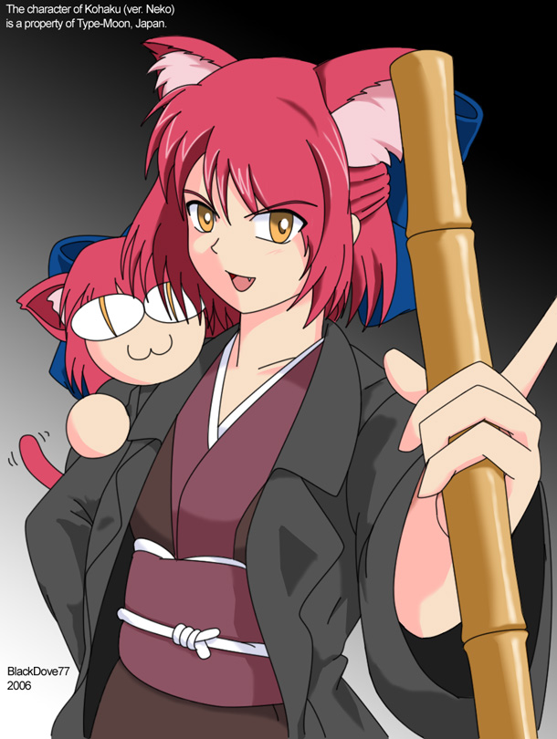 &gt;:d 00s 2girls :3 :d androgynous animal_ears bokken cardigan cat_ears creature gradient gradient_background holding holding_sword holding_weapon index_finger_raised jacket japanese_clothes kimono kohaku long_sleeves looking_at_viewer magical_amber multiple_girls nekokohaku open_clothes open_jacket open_mouth orange_eyes redhead short_hair smile sword tsukihime weapon wooden_sword