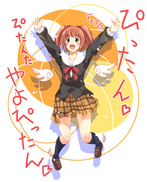 1girl arms_up blush green_eyes hamayumiba_sou idolmaster open_mouth orange_hair outstretched_arms school_uniform serafuku solo sou takatsuki_yayoi twintails wings