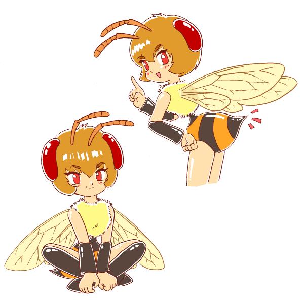 1girl antennae bee bee_girl brown_hair food fruit insect_girl melon monster_girl pukao short_hair simple_background wings