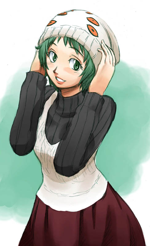 1girl atlus d=code gradient gradient_background green_eyes green_hair hat persona persona_3 short_hair smile solo sweater yamagishi_fuuka