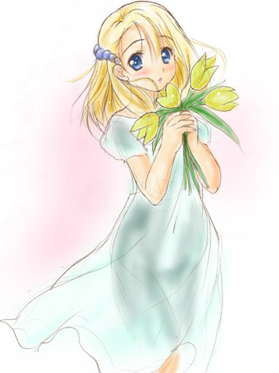 1girl blonde_hair blue_dress blue_eyes bouquet chisato_(missing_park) dress female flower hair_ornament hairclip holding looking_at_viewer pink_background puffy_short_sleeves puffy_sleeves raised_eyebrows short_hair short_sleeves simoun simple_background sketch solo white_dress yun_(simoun)