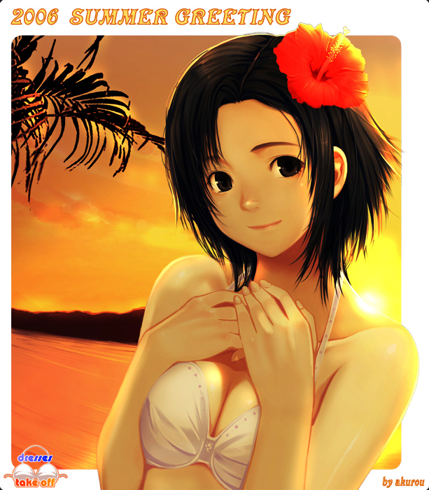 00s 1girl 2006 beach bikini bikini_top black_eyes black_hair blush breast_squeeze breast_suppress breasts cleavage english flower hair_flower hair_ornament halterneck hand_on_own_chest hands_on_own_chest hibiscus medium_breasts shochuumimai short_hair smile solo suke_akurou sun sunset swimsuit water