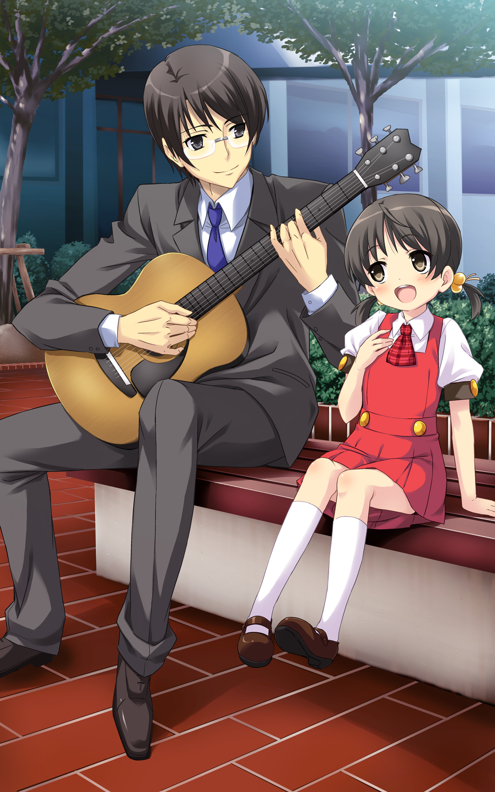 1boy 1girl :d acoustic_guitar age_difference ascot black_eyes black_hair blush brown_eyes buttons child collar collared_shirt cuffs dress duet eye_contact eyebrows eyelashes fingernails formal glasses guitar hair_bobbles hair_ornament hand_on_own_chest highres hiyama_kiyoteru instrument kaai_yuki long_sleeves looking_at_another low_twintails mary_janes music necktie official_art open_mouth pants pinafore_dress plaid playing_instrument puffy_short_sleeves puffy_sleeves sanpaku shirt shoes short_hair short_sleeves singing sitting sleeve_cuffs smile socks suit teeth tree twintails umetani_tarou vocaloid