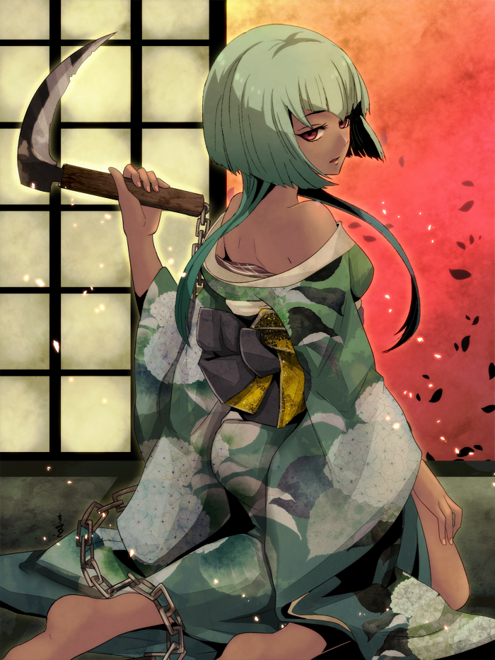 1girl chains emerald_sustrai from_behind green_hair japanese_clothes kimono kusarigama looking_back open_clothes open_kimono red_eyes rwby sickle sumiwow weapon