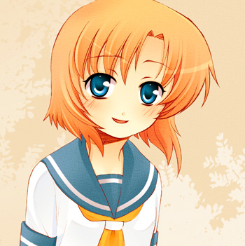 1girl blue_eyes blush female higurashi_no_naku_koro_ni lowres orange_hair ryuuguu_rena school_uniform serafuku short_hair smile solo