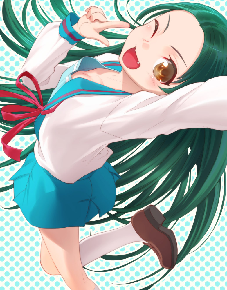 1girl blush fang footwear green_hair kneehighs long_hair one_eye_closed school_uniform serafuku socks solo suzumiya_haruhi_no_yuuutsu tsuruya uni very_long_hair wink