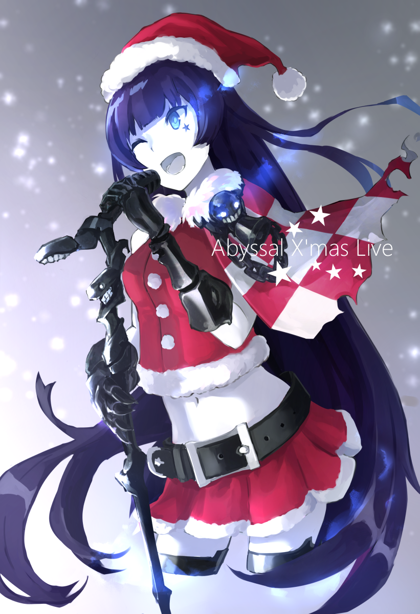 1girl alternate_costume belt black_hair blue_eyes breasts capelet christmas commentary_request fur_trim gauntlets glowing glowing_eyes hat highres holding_microphone kantai_collection light_cruiser_oni long_hair microphone microphone_stand midriff music navel one_eye_closed open_mouth red_skirt santa_costume santa_hat shinkaisei-kan singing skirt smile solo star weasel_(close-to-the-edge)