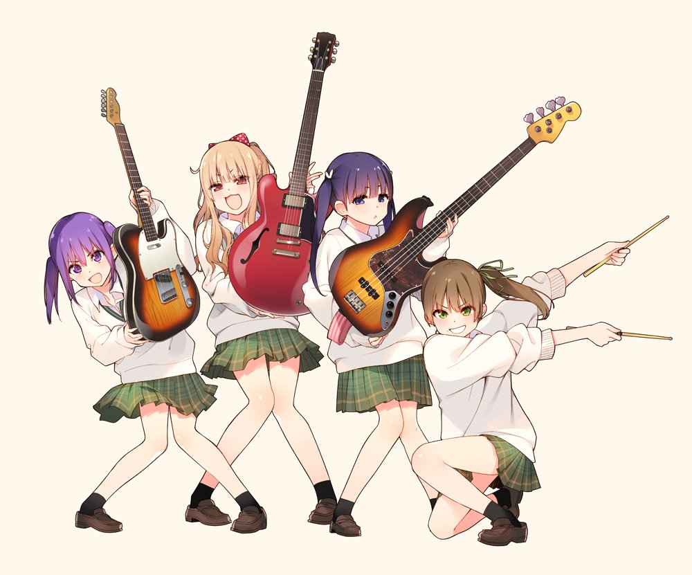 &gt;:d 4girls :d bass_guitar black_hair black_legwear blonde_hair blue_eyes blush bow brown_eyes brown_hair character_request collared_shirt drumsticks electric_guitar eyebrows_visible_through_hair full_body fuzuki_fuuro green_eyes green_ribbon green_skirt grin guitar hair_bow hair_ribbon holding_instrument instrument knees_together_feet_apart loafers long_sleeves looking_at_viewer multiple_girls olive!_believe_"olive"? one_knee open_mouth outstretched_arm parted_lips plaid plaid_skirt polka_dot polka_dot_bow purple_hair red_bow ribbon school_uniform shirt shoes side_ponytail simple_background skirt smile socks standing sweater twintails violet_eyes white_background white_shirt wing_collar