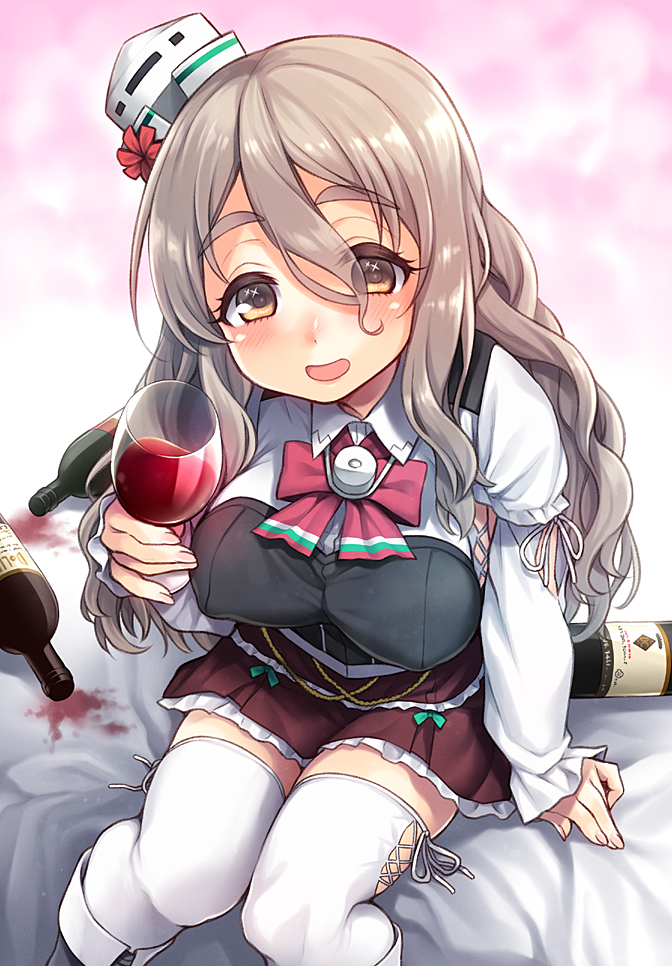 1girl black_boots boots bottle breasts brown_skirt cup drinking_glass drunk eyebrows_visible_through_hair eyes_visible_through_hair grey_hair hat holding_glass kantai_collection long_hair long_sleeves looking_at_viewer looking_up medium_breasts on_bed open_mouth orange_eyes pink_background pola_(kantai_collection) red_wine skirt sleeves_past_wrists solo spilled stain thigh-highs uousa-ou white_legwear wine_bottle wine_glass