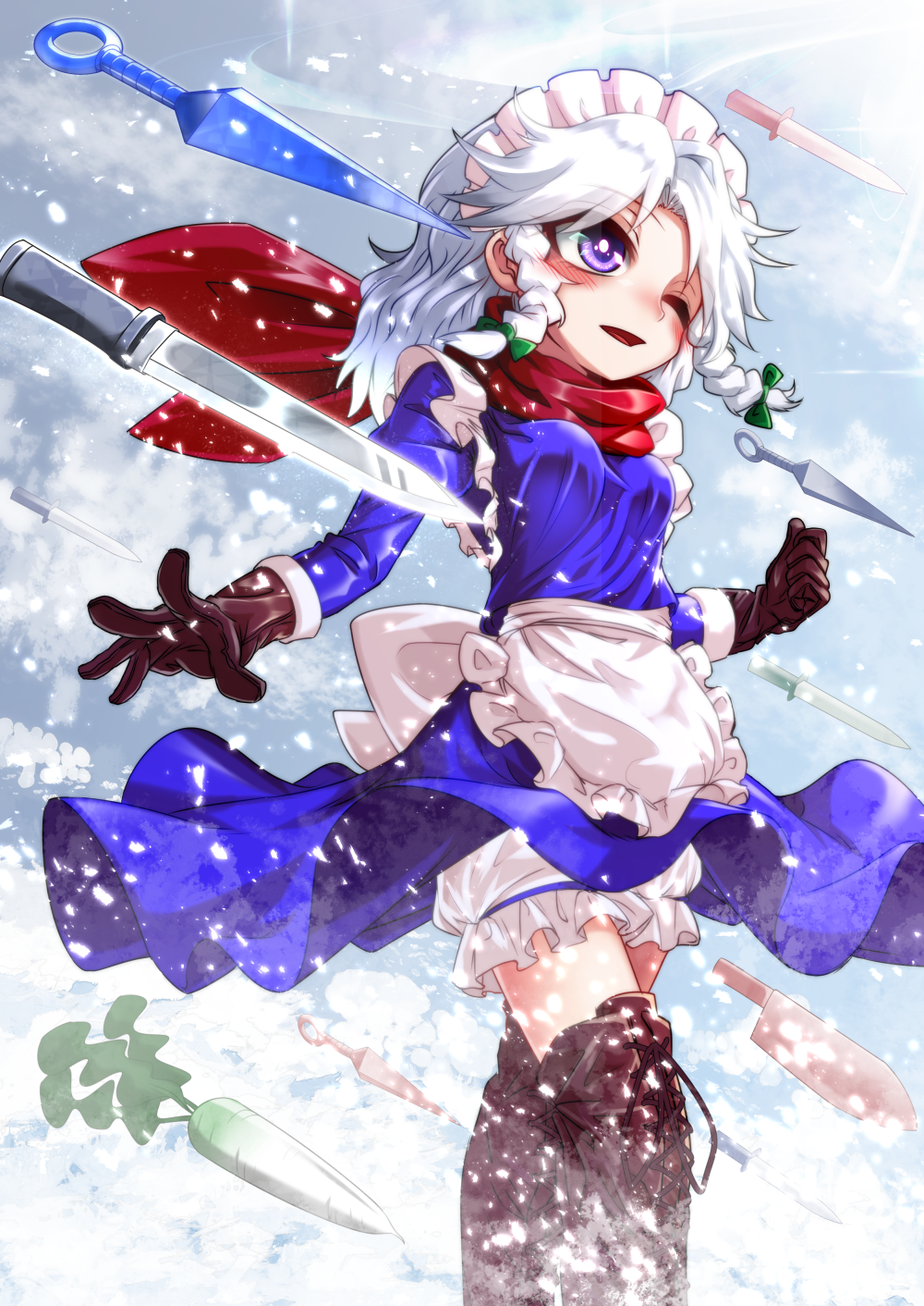 1girl apron bloomers blouse blue_blouse blue_eyes blue_skirt boots braid breasts brown_gloves cross-laced_footwear gloves highres izayoi_sakuya knife lace-up_boots long_sleeves maid maid_headdress medium_breasts nomayo skirt skirt_lift thigh-highs thigh_boots touhou twin_braids underwear waist_apron white_hair wind wind_lift