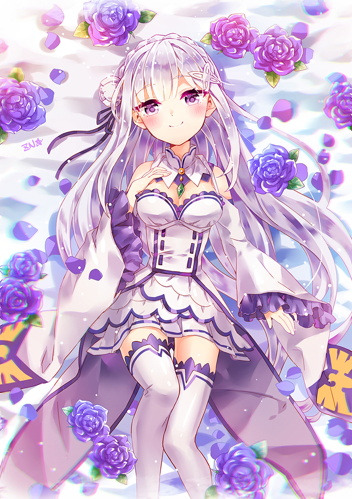 dress emilia_(re:zero) long_hair purple_eyes re:zero_kara_hajimeru_isekai_seikatsu smile white_hair