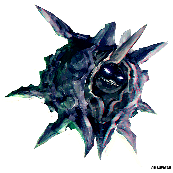 cloyster commentary_request creature evil_grin evil_smile face glowing glowing_eyes grin kei-suwabe monster no_humans pokemon pokemon_(creature) shell smile solo spikes teeth twitter_username white_background yellow_eyes