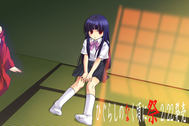 2girls against_wall black_skirt blue_hair bow female footwear full_body furude_rika hanyuu higurashi_no_naku_koro_ni hime_cut indoors kneehighs looking_at_viewer minase_ruruu multiple_girls pink_bow purple_hair red_eyes school_uniform serafuku shirt short_sleeves sidelocks simple_background skirt socks sunlight suspender_skirt suspenders violet_eyes white_legwear white_shirt