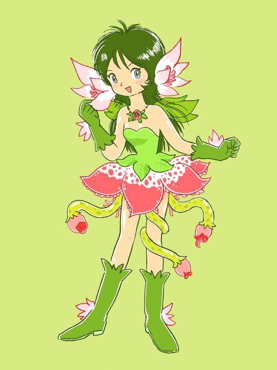 1girl boots flower food fruit green_boots green_eyes green_hair long_hair melon monster_girl plant_girl pukao solo