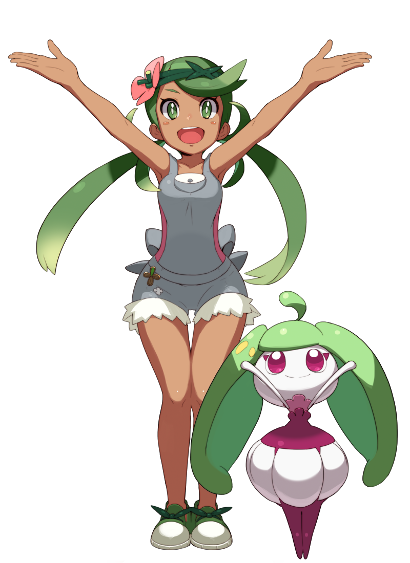 1girl alpha_transparency arms_up blush dark_skin flower green_eyes green_hair hair_flower hair_ornament long_hair mallow_(pokemon) open_mouth outstretched_arms pokemon pokemon_(game) pokemon_sm smile solo spread_arms steenee tonami_kanji transparent_background trial_captain twintails