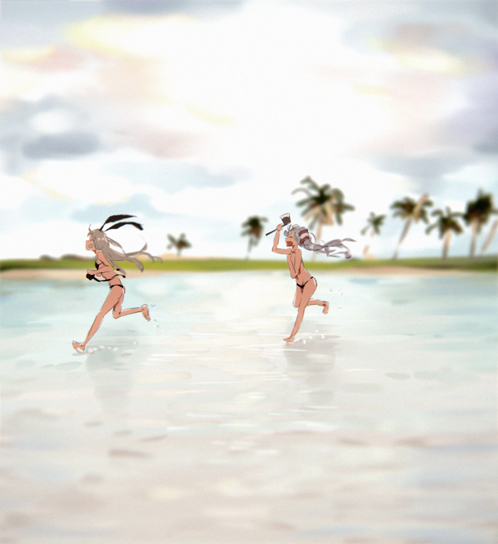 2girls amatsukaze_(kantai_collection) axe bra covering covering_breasts fleeing holding holding_bra kantai_collection multiple_girls palm running shimakaze_(kantai_collection) shouting smile tagme tomato_(lsj44867) underwear water weapon