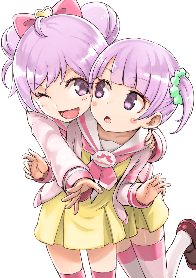 2girls blush blush_stickers bow double_bun hair_bow hug hug_from_behind long_hair looking_at_another looking_back manaka_lala manaka_non multiple_girls one_eye_closed open_mouth pripara purple_hair scrunchie short_hair siblings side_ponytail sisters smile striped striped_legwear tea_(nakenashi) thigh-highs twintails v violet_eyes