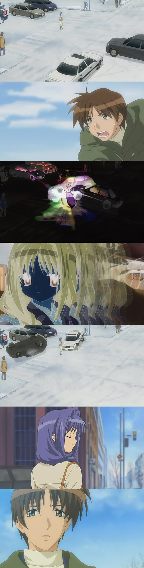 1boy 1girl aizawa_yuuichi car crossover ground_vehicle gundam gundam_seed hair_intakes highres kanon long_image minase_akiko motor_vehicle parody photoshop screencap short_hair spoilers sweat tall_image time_stop vehicle what