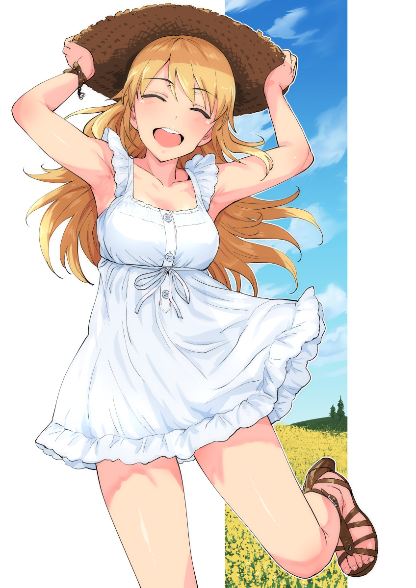 1girl :d ^_^ adjusting_clothes adjusting_hat armpits arms_up bangs blonde_hair breasts closed_eyes collarbone cowboy_shot day dress field flower flower_field hat high_heels highres hoshii_miki idolmaster long_hair looking_at_viewer medium_breasts open_mouth smile solo sun_hat sundress teeth tsurui white_dress