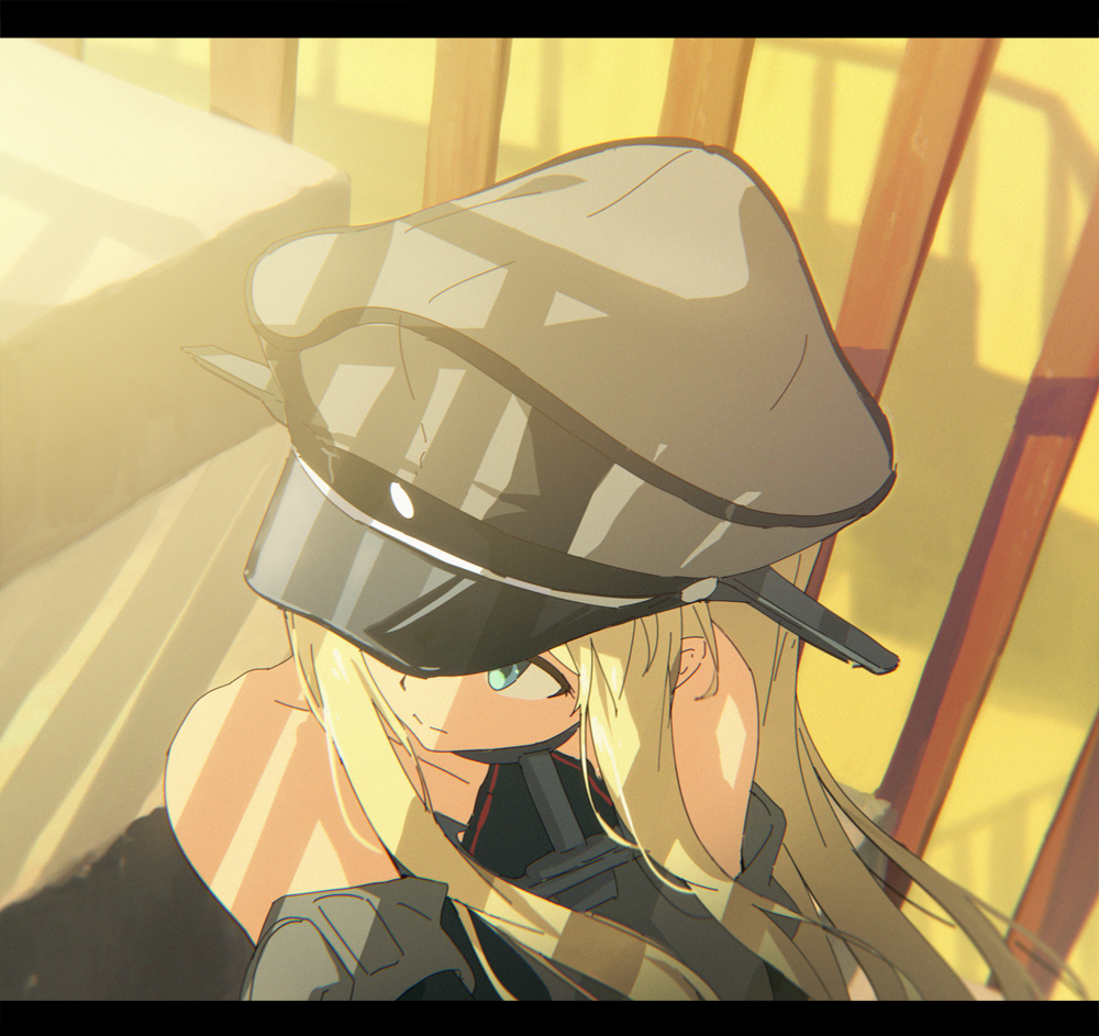 1girl anchor_choker bare_shoulders bismarck_(kantai_collection) black_hat blonde_hair blue_eyes detached_sleeves from_above hat kantai_collection long_hair looking_away military military_uniform solo stairs tomato_(lsj44867) uniform