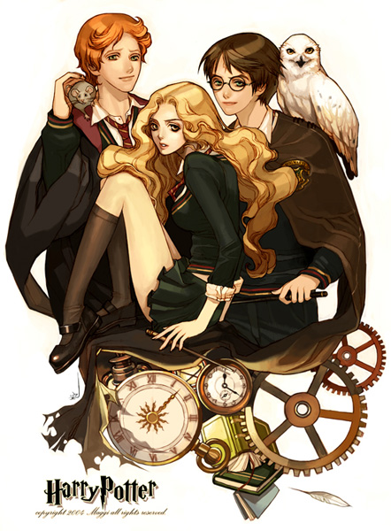 1girl 2boys animal animal_on_shoulder bird bird_on_shoulder blonde_hair book brown_hair cape clock copyright_name feathers footwear friends gears glasses green_eyes harry_james_potter harry_potter harry_potter_and_the_prisoner_of_azkaban hedwig hermione_granger hogwarts_uniform kneehighs long_hair maggi multiple_boys necktie orange_hair owl quill rat redhead ron_weasley scabbers scar school school_uniform serafuku short_hair skirt smile socks trio wand witch wizard