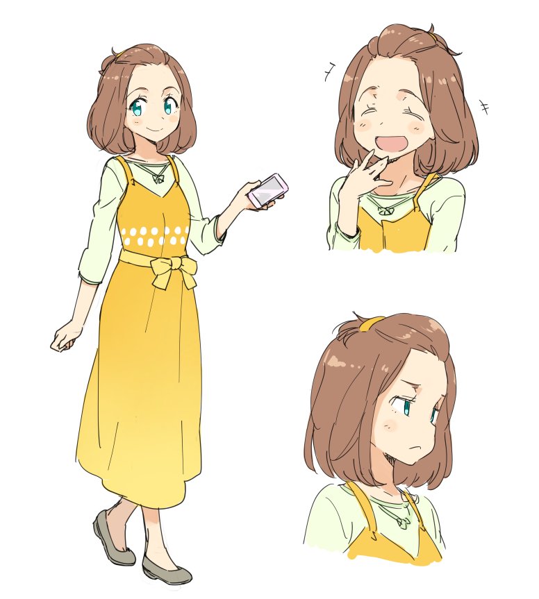 1girl blue_eyes brown_hair cellphone character_request denchuubou dress laughing open_mouth original phone shoes short_hair smartphone smile solo yellow_dress