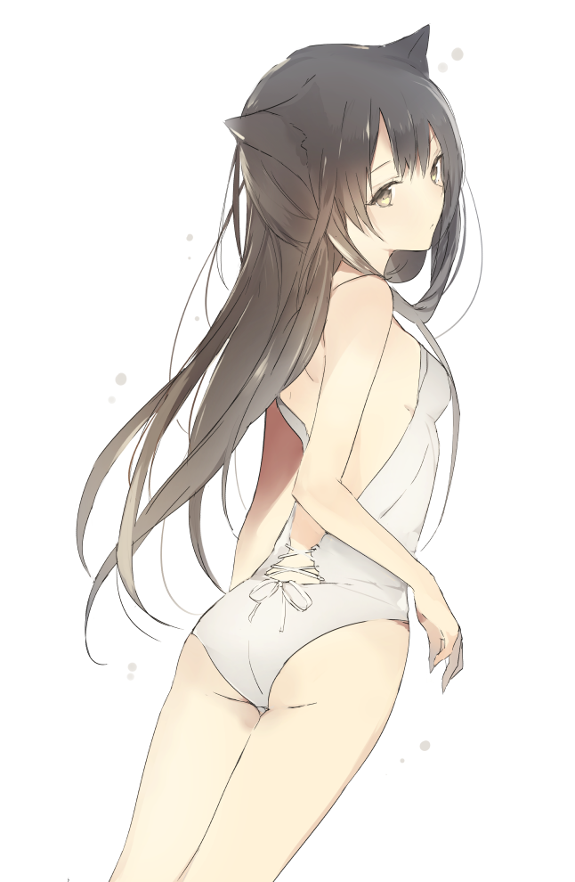 1girl animal_ears ass bangs bare_shoulders black_hair breasts brown_eyes cat_ears cowboy_shot expressionless flat_ass floating_hair from_side leotard long_hair looking_at_viewer looking_back lpip medium_breasts original simple_background solo thighs white_background