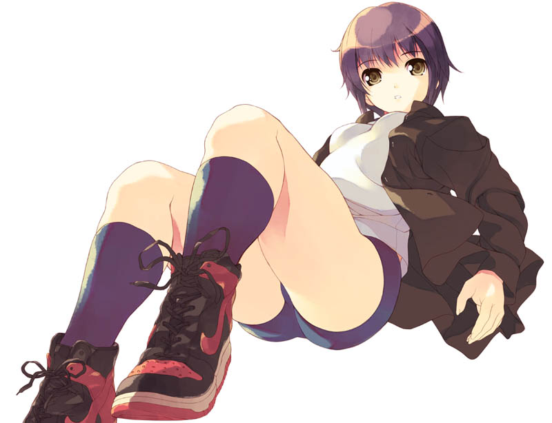 1girl buruma footwear gym_uniform jacket kneehighs nagato_yuki nike purple_hair shirota_dai shoes short_hair sneakers socks solo suzumiya_haruhi_no_yuuutsu yellow_eyes