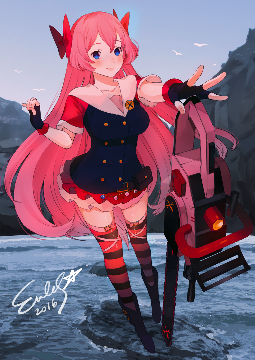 1girl 2016 artist_name belt_boots belt_pouch bird blue_eyes blush boots bow breasts buttons chainsaw eules fingerless_gloves full_body gloves hair_bow hairband highres long_hair looking_at_viewer original outdoors pin pink_bow pink_hair pink_legwear screwdriver short_sleeves skirt smile solo standing striped striped_legwear thigh-highs very_long_hair water wrench zettai_ryouiki