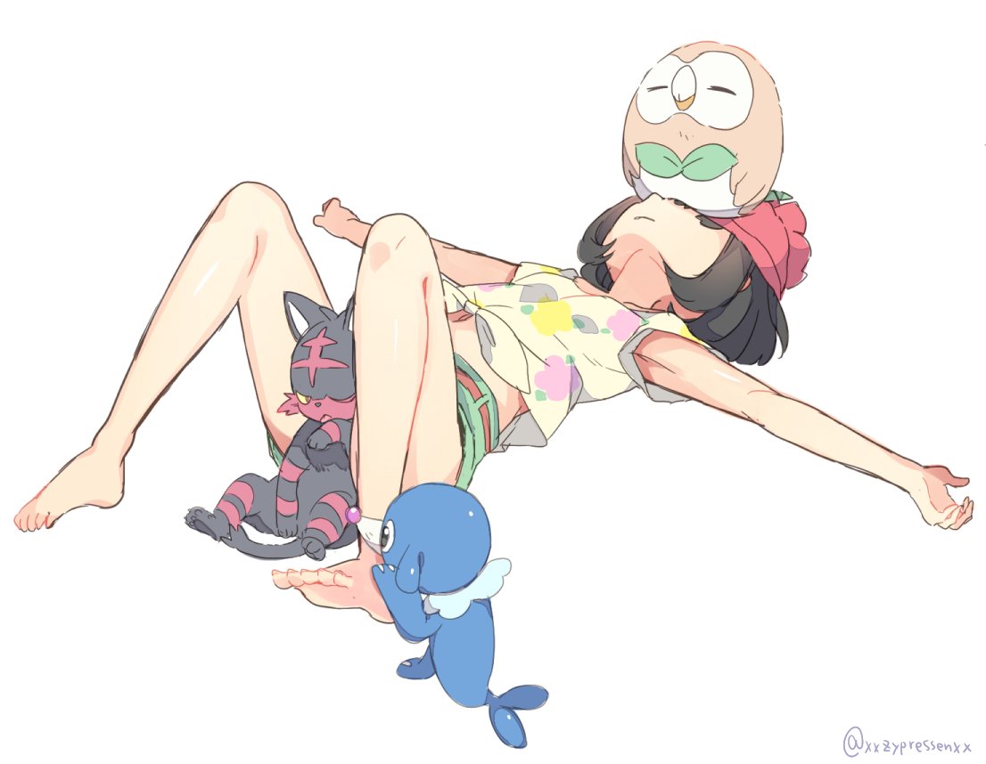 1girl barefoot beanie between_legs black_hair female_protagonist_(pokemon_sm) hat kanro_ame_(ameko) litten_(pokemon) lying on_back outstretched_arms pokemon pokemon_(creature) pokemon_(game) pokemon_sm popplio red_hat rowlet shirt short_hair simple_background spread_arms tied_shirt white_background