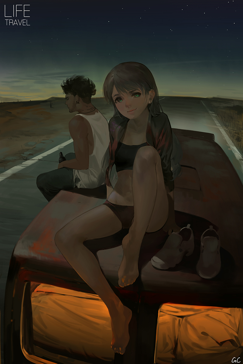 1boy 1girl artist_name barefoot black_bra black_panties bottle bra brown_hair closed_mouth earrings full_body geolim green_eyes ground_vehicle holding holding_bottle jacket jewelry long_hair looking_at_viewer motor_vehicle night night_sky on_vehicle original outdoors panties road shoes_removed sky smile street stud_earrings tank_top underwear white_tank_top