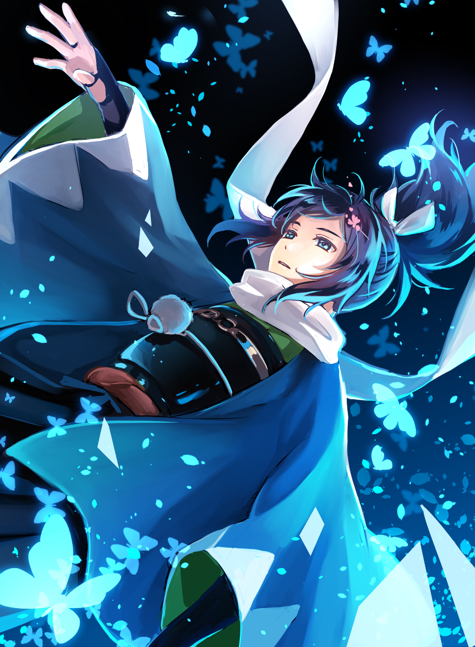 1boy androgynous arm_up black_background black_hair blue_eyes bow bridal_gauntlets butterfly expressionless falling glowing_butterfly hair_bow hair_ornament hairpin hakama half-closed_eyes haori high_ponytail highres japanese_clothes long_hair long_sleeves male_focus outstretched_arm parted_lips petals ponytail reaching_out rei_(usabiba) sash scarf shinsengumi simple_background solo touken_ranbu white_bow white_scarf wide_sleeves yamato-no-kami_yasusada