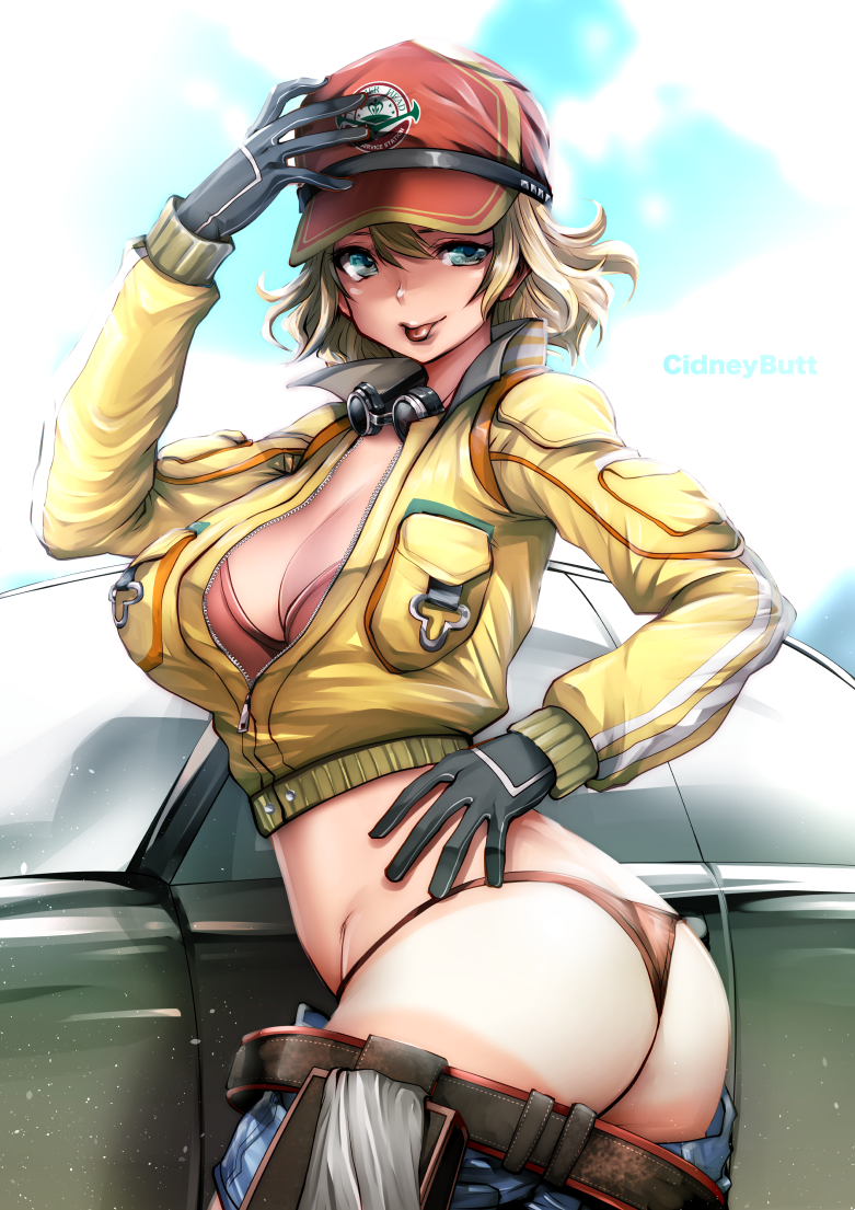 1girl :p adjusting_clothes adjusting_hat ass baseball_cap belt black_gloves blonde_hair breasts brown_panties car character_name cidney_aurum cleavage cropped_jacket final_fantasy final_fantasy_xv gloves goggles goggles_around_neck green_eyes ground_vehicle hand_on_hip hat large_breasts motor_vehicle panties short_hair short_shorts shorts shorts_down smile solo souryu tan tanline tongue tongue_out underwear