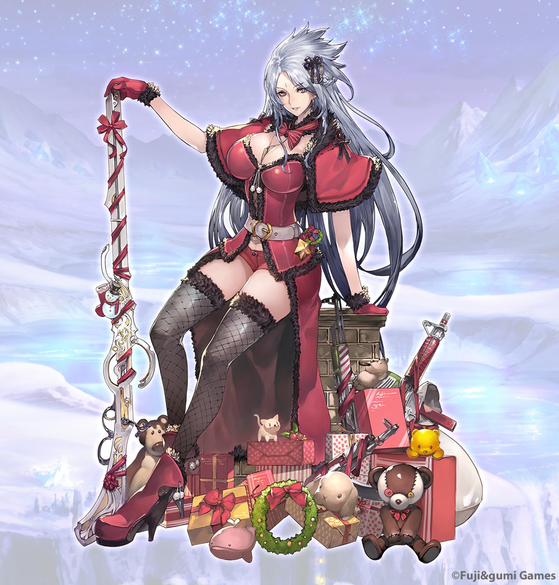 1girl background belt black_fur bow bowtie breasts brionac_(phantom_of_the_kill) chimney choker christmas christmas_stocking cleavage company_name fishnet_legwear fishnets gift gun hair_ornament high_heels jewelry lake large_breasts long_hair mountain musket necklace official_art phantom_of_the_kill ribbon rifle shorts sleeveless snow snowman solo star_(sky) star_ornament stuffed_animal stuffed_toy teddy_bear thigh-highs toy valley very_long_hair weapon wrapped wreath