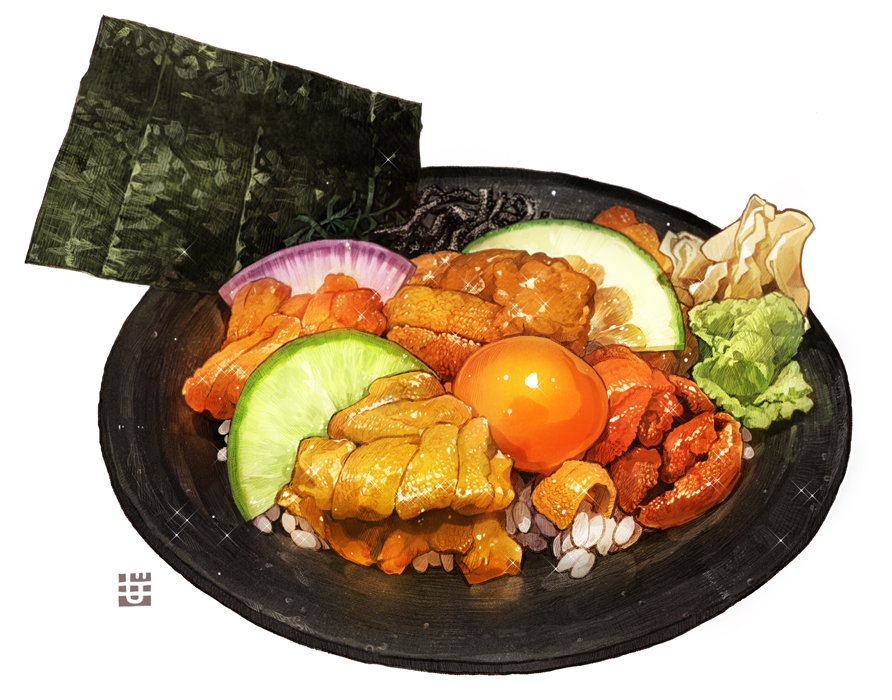 egg food fruit lime_(fruit) meat momiji_mao no_humans nori_(seaweed) onion original plate rice vegetable